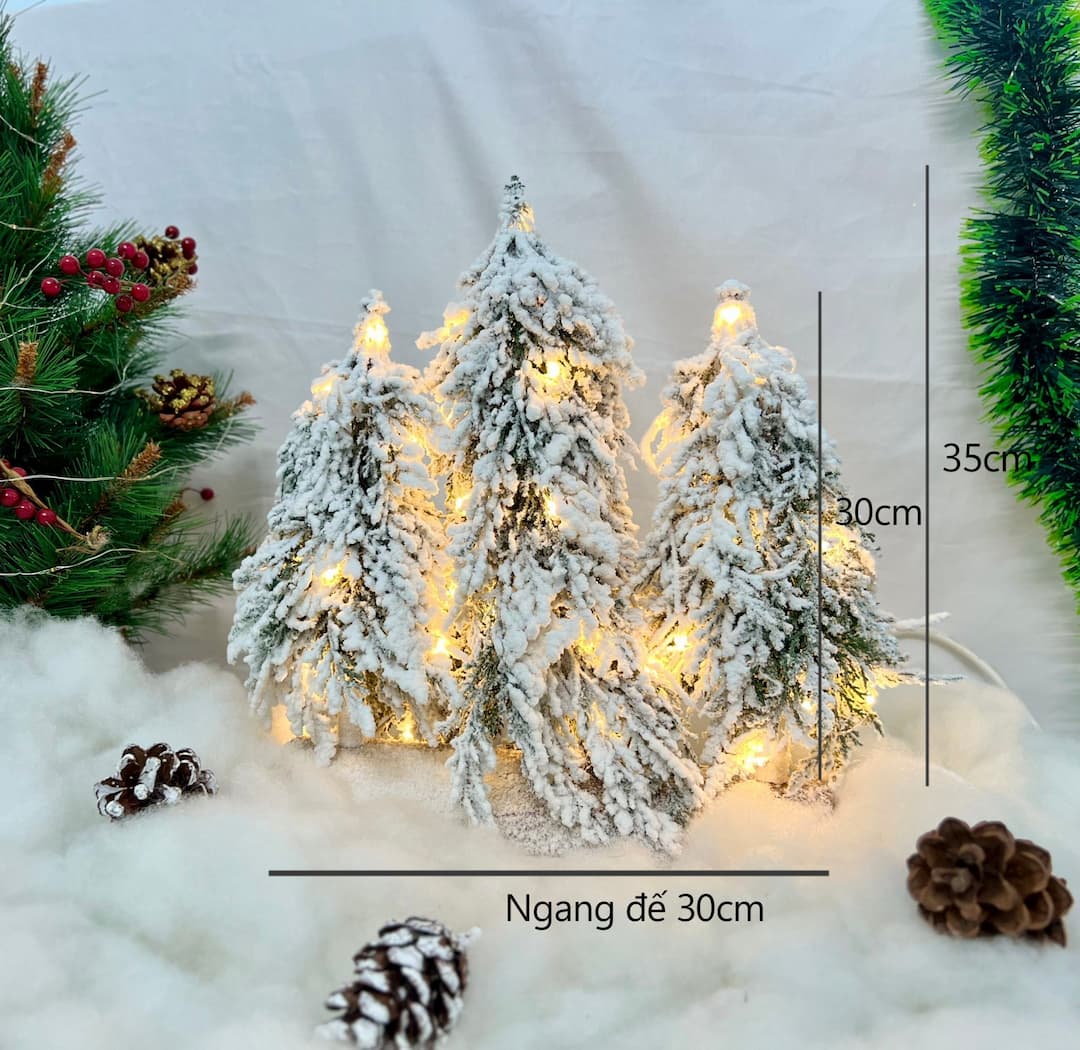 3 cây thông phủ tuyết có đế kèm đèn điện chớp nháy cao cấp -  Phong cách Châu Âu