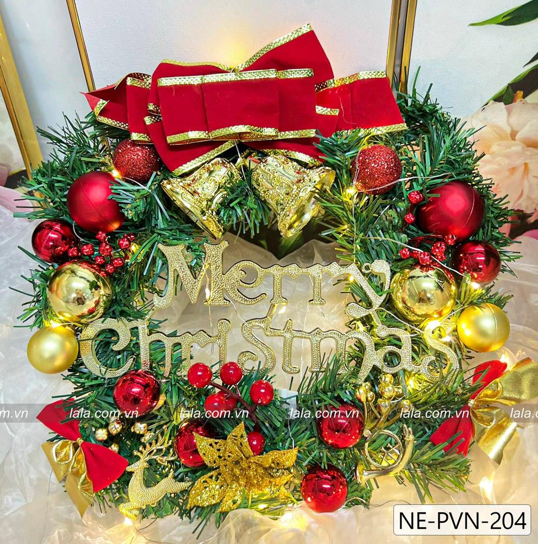 Vòng Nguyệt Quế Noel 30cm Treo Cửa Gắn Nơ Đỏ Mẫu 204