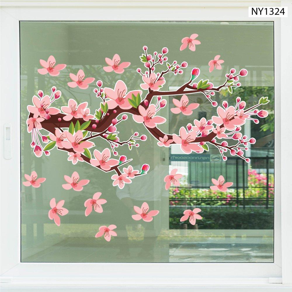 Decal Trang Trí Tết Cành Đảo Hồng Khoe Sắc Đón Xuân