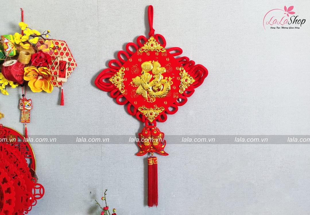 Liễn nhung đỏ cá chép vàng 30cm chữ phúc vàng trang trí tết mẫu 388