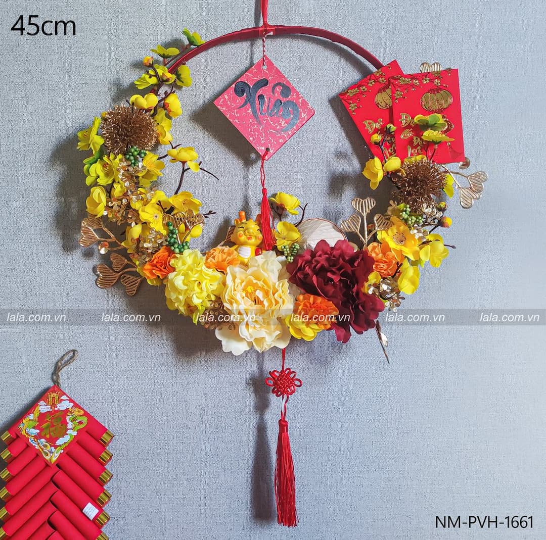 Vòng hoa thần tài 45cm treo cửa đón vận may mắn trang trí tết năm mới mẫu 661