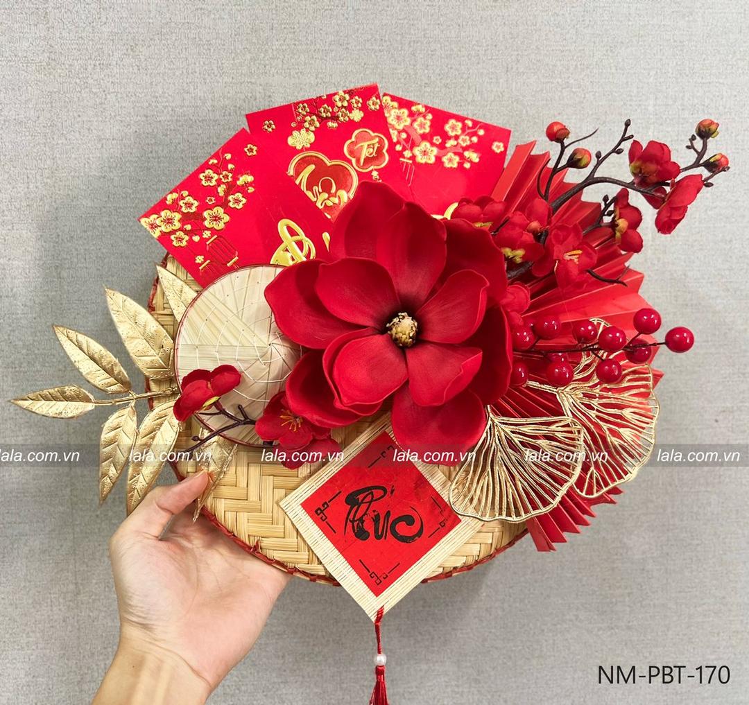 Mẹt tết 30cm bao lì xì đỏ liễn chữ phúc hoa đào đón xuân mẫu 170