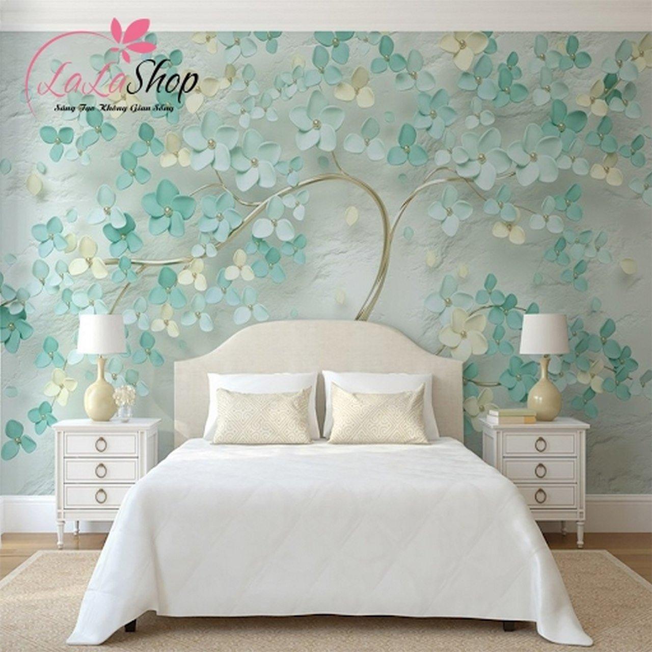Mẫu tranh dán tường phòng ngủ cây xanh sang trọng