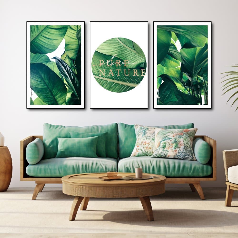 Tranh treo tường bộ 3 tấm lá xanh nhiệt đới nghệ thuật 2