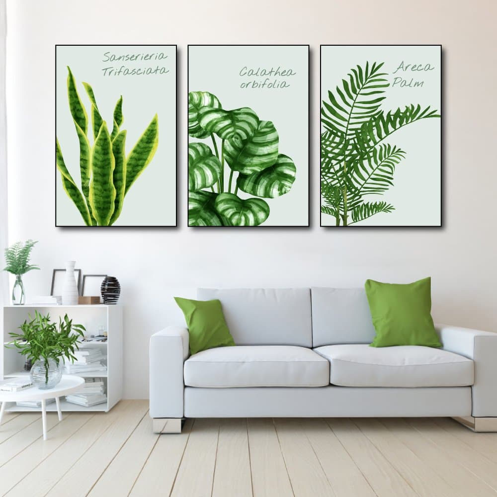 Tranh treo tường bộ 3 tấm lá xanh nhiệt đới nghệ thuật