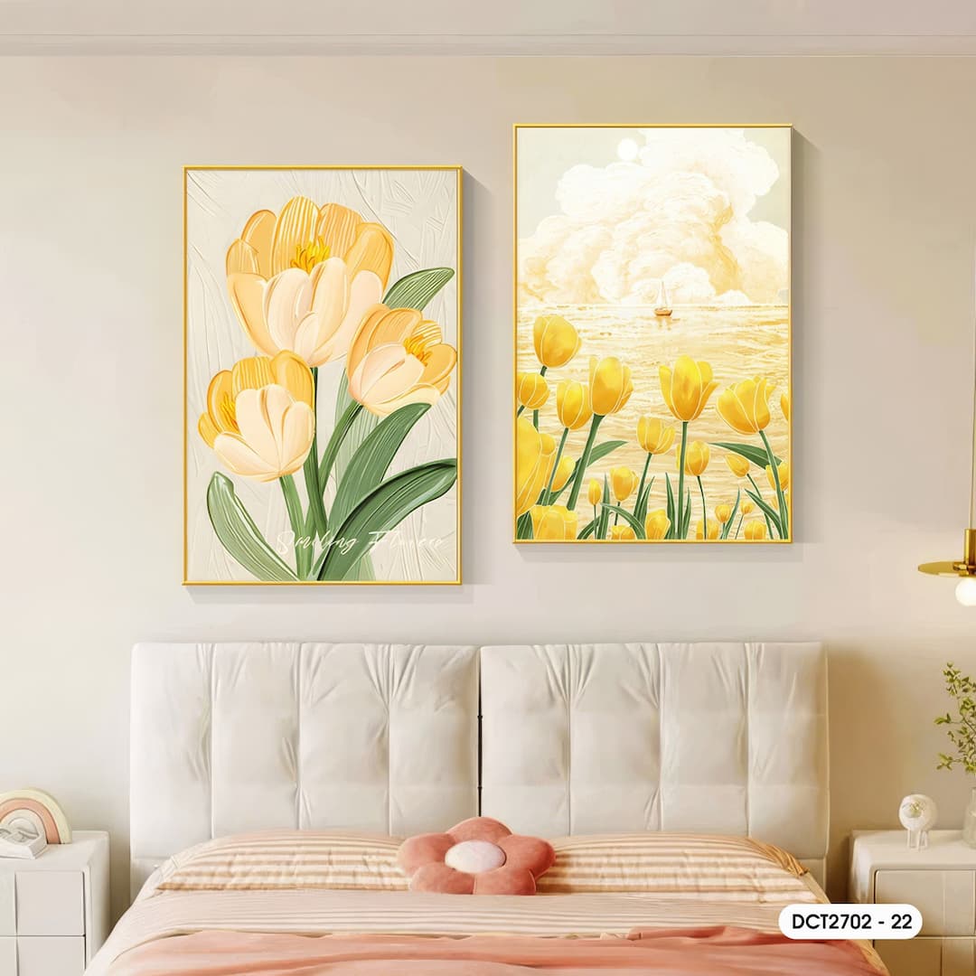 Tranh Treo Tường Bộ 2 Tấm Hoa Tulip Vàng Rực Rỡ Nghệ Thuật