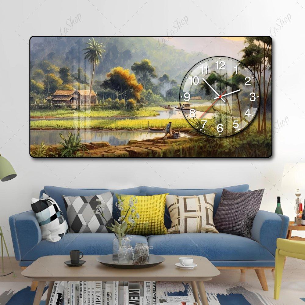 Tranh Đồng Hồ Nổi 3D Nắng Chiều Trên Làng Quê Thanh Bình