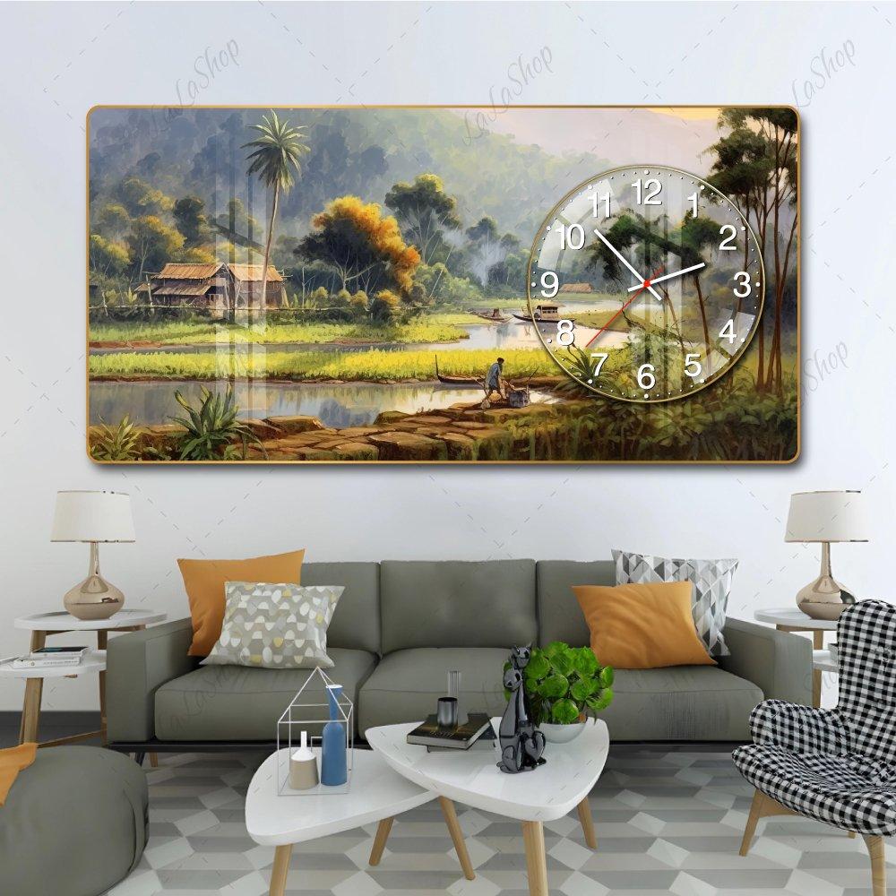 Tranh Đồng Hồ Nổi 3D Nắng Chiều Trên Làng Quê Thanh Bình