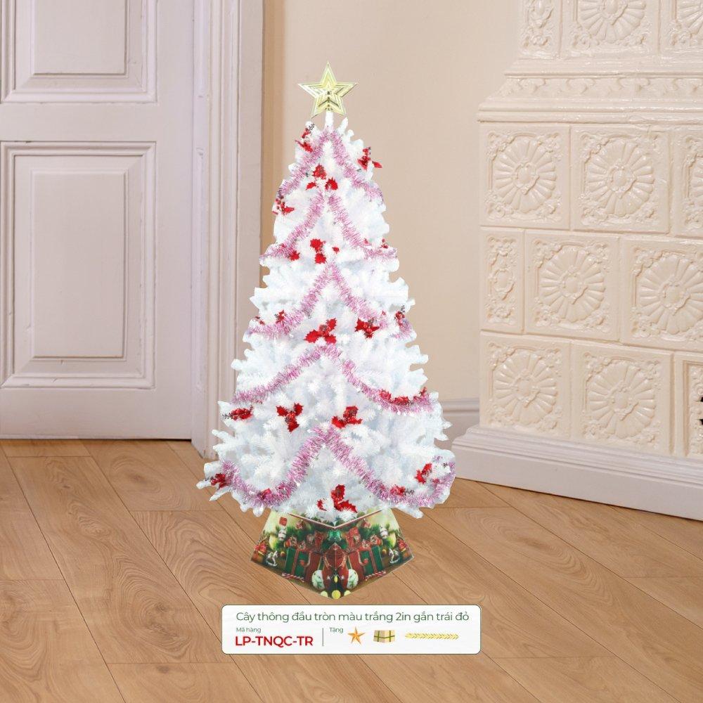 Cây thông noel đầu tròn màu trắng 2in gắn trái đỏ