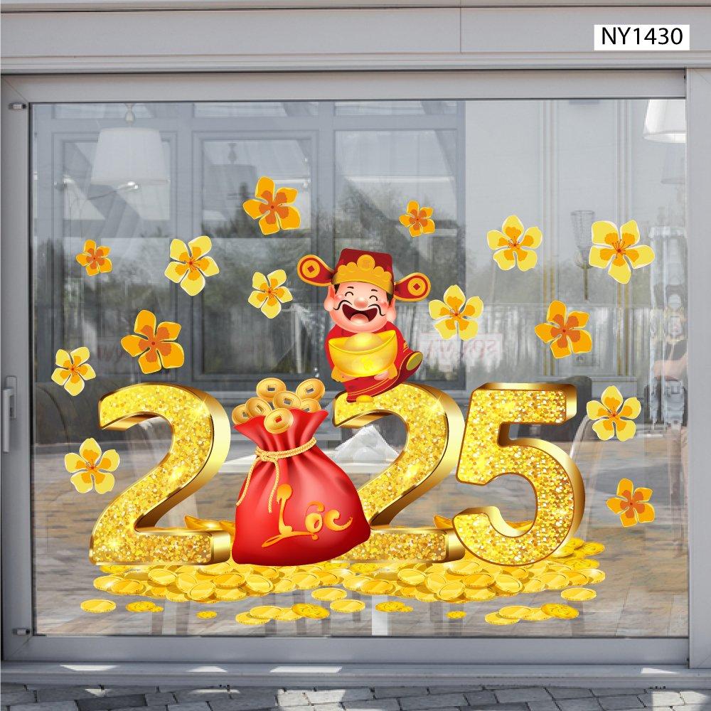 Decal trang trí tết 2025 hoa mai vàng thần tài đỏ