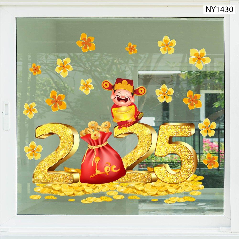 Decal trang trí tết 2025 hoa mai vàng thần tài đỏ
