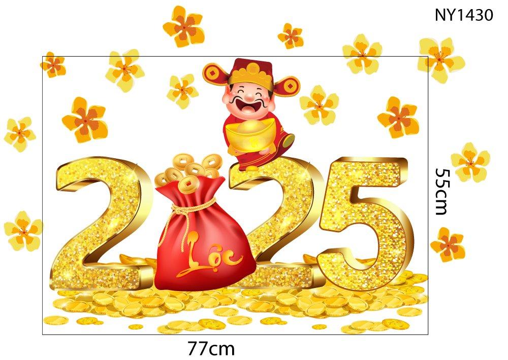 Decal trang trí tết 2025 hoa mai vàng thần tài đỏ