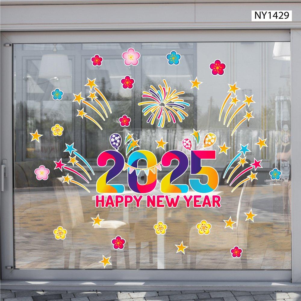 Decal trang trí tết happy new year 2025 Pháo Hoa