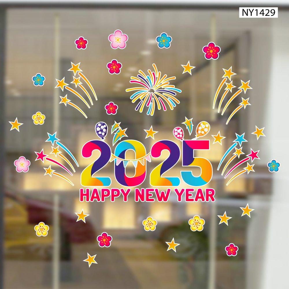 Decal trang trí tết happy new year 2025 Pháo Hoa