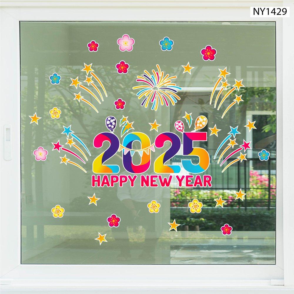 Decal trang trí tết happy new year 2025 Pháo Hoa