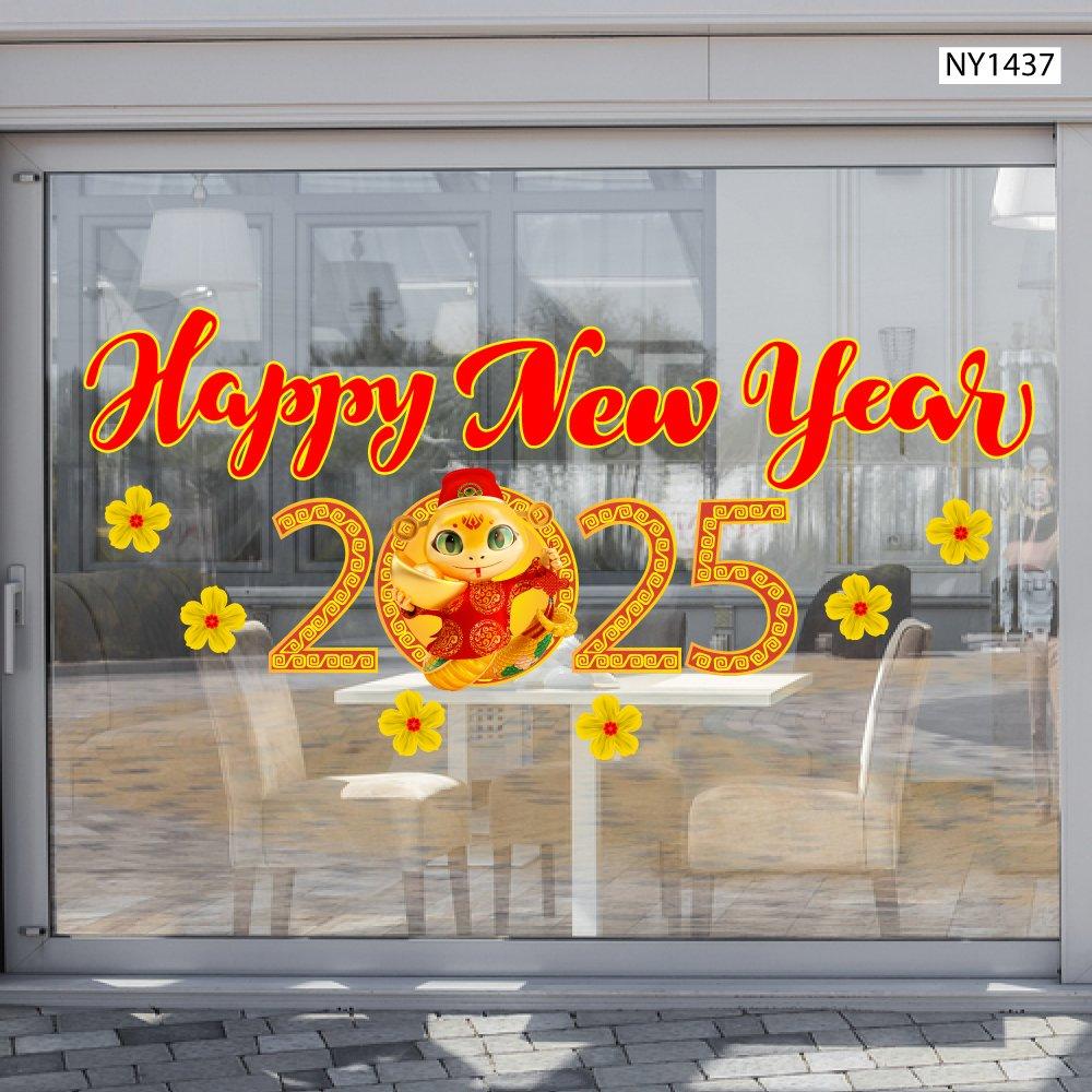 Decal Trang Trí Tết Hoa Mai Vàng Happy New Year 2025