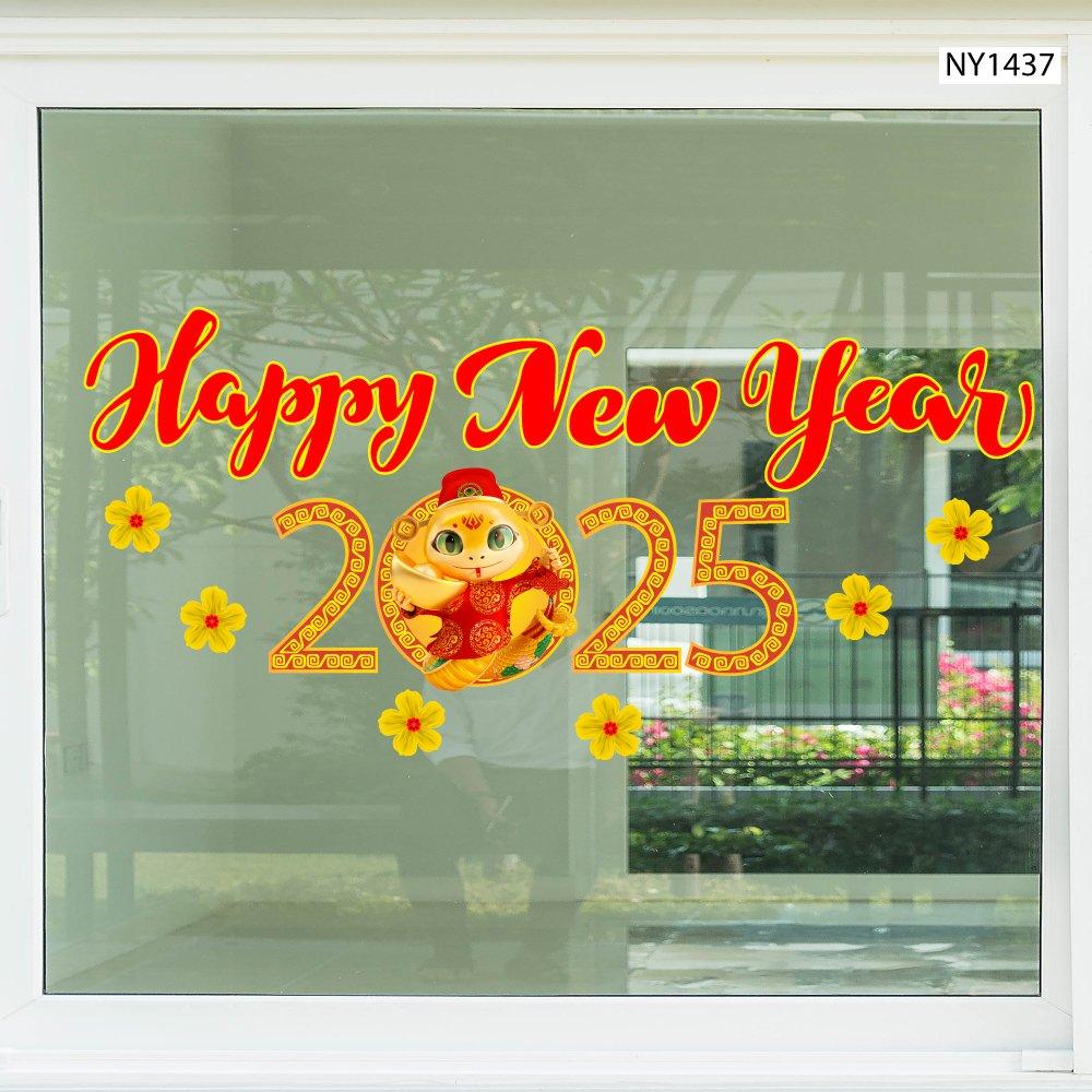 Decal Trang Trí Tết Hoa Mai Vàng Happy New Year 2025