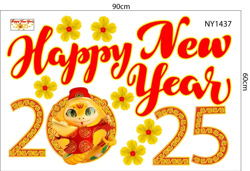 Decal Trang Trí Tết Hoa Mai Vàng Happy New Year 2025