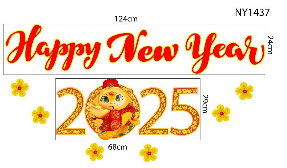 Decal Trang Trí Tết Hoa Mai Vàng Happy New Year 2025