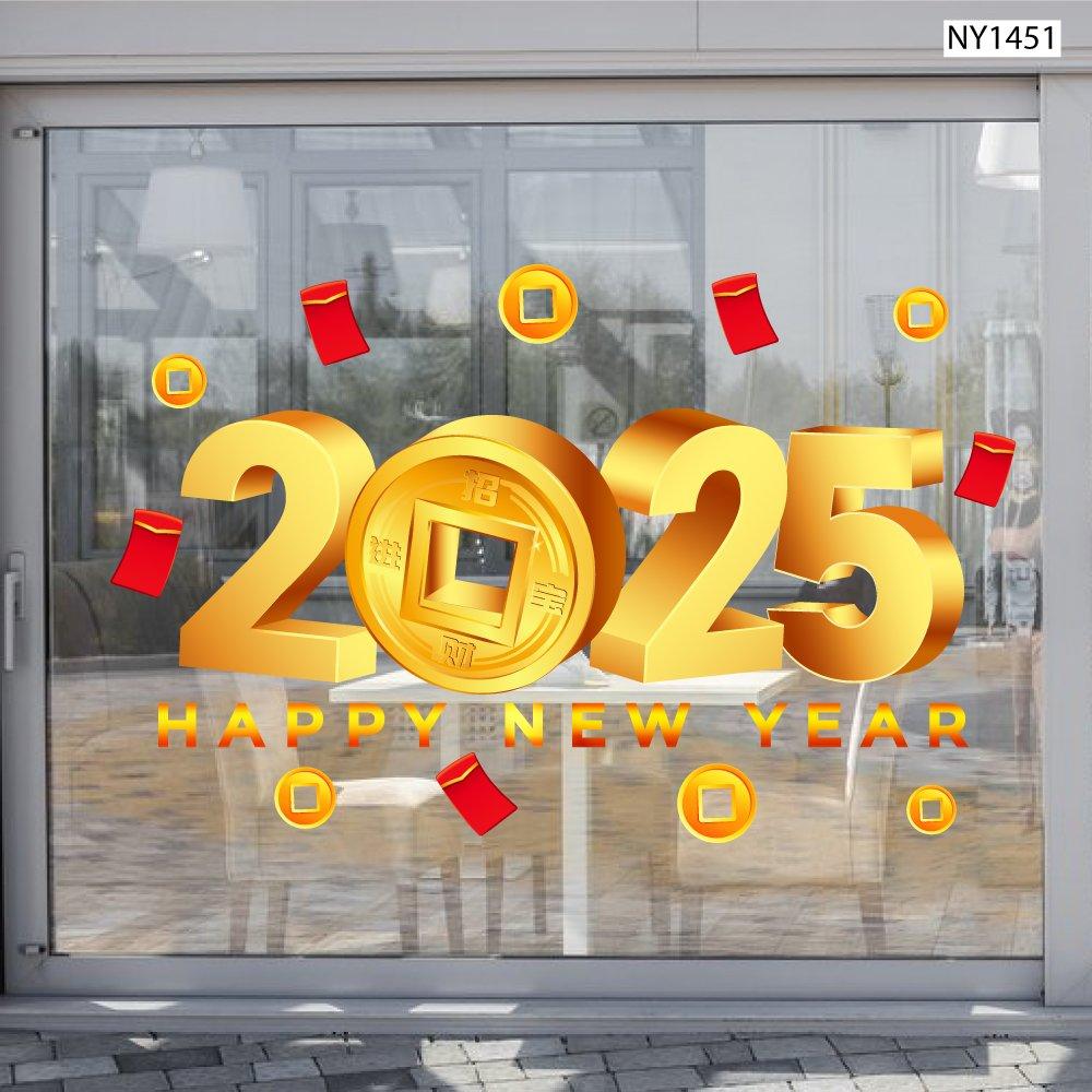 Decal trang trí tết happy new year 2025 lì xì đỏ tiền tài thịnh vượng