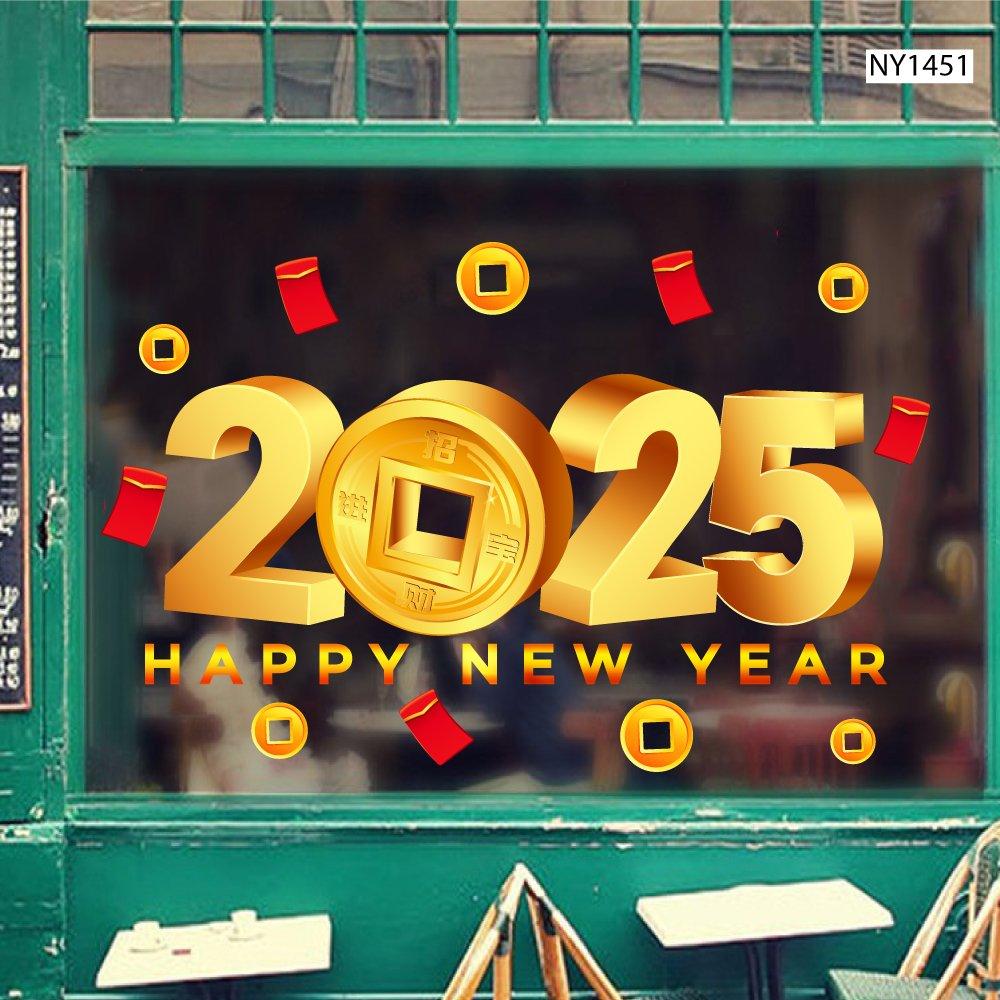 Decal trang trí tết happy new year 2025 lì xì đỏ tiền tài thịnh vượng