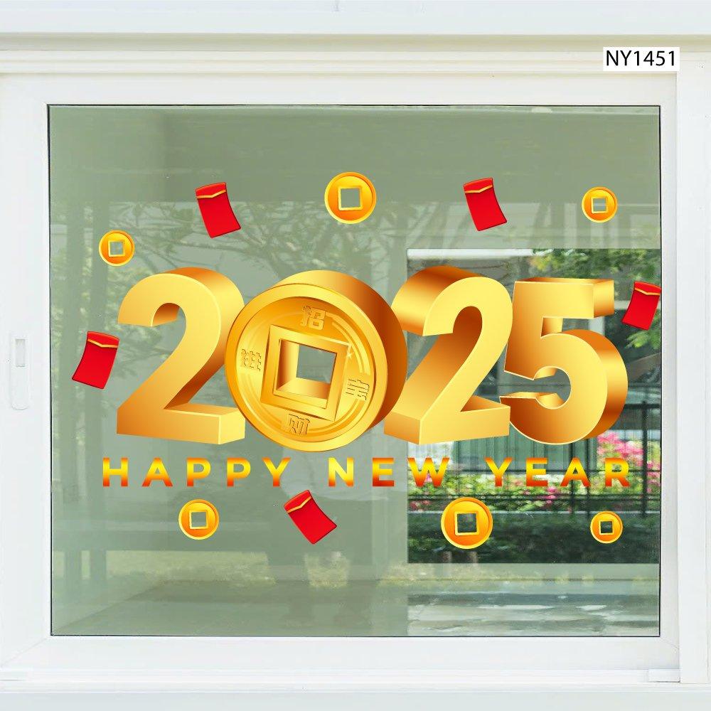 Decal trang trí tết happy new year 2025 lì xì đỏ tiền tài thịnh vượng