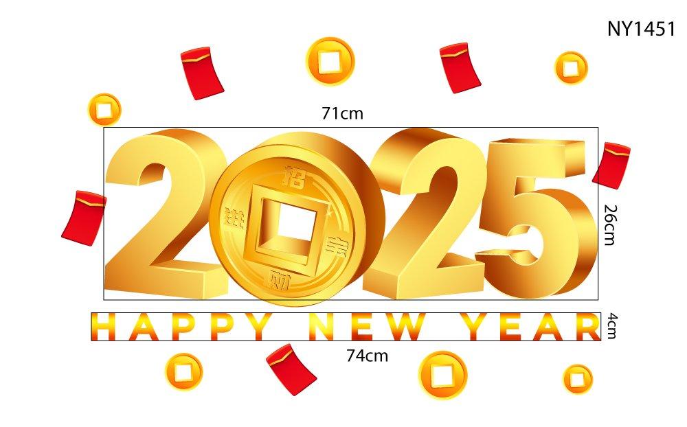 Decal trang trí tết happy new year 2025 lì xì đỏ tiền tài thịnh vượng