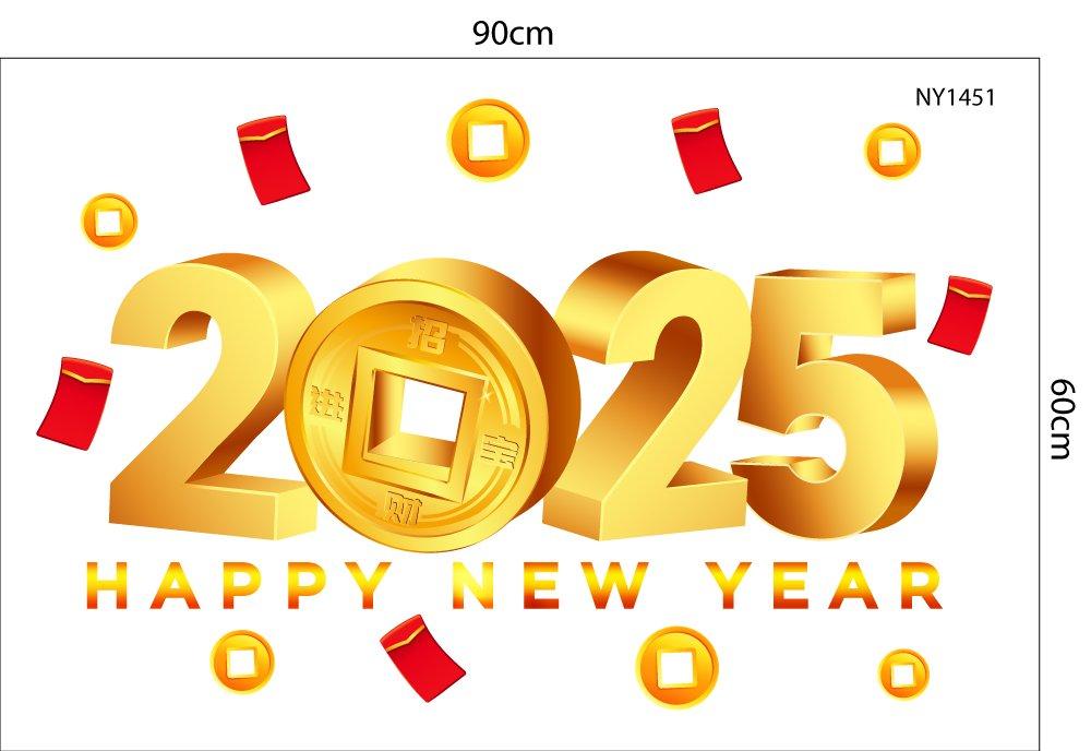 Decal trang trí tết happy new year 2025 lì xì đỏ tiền tài thịnh vượng