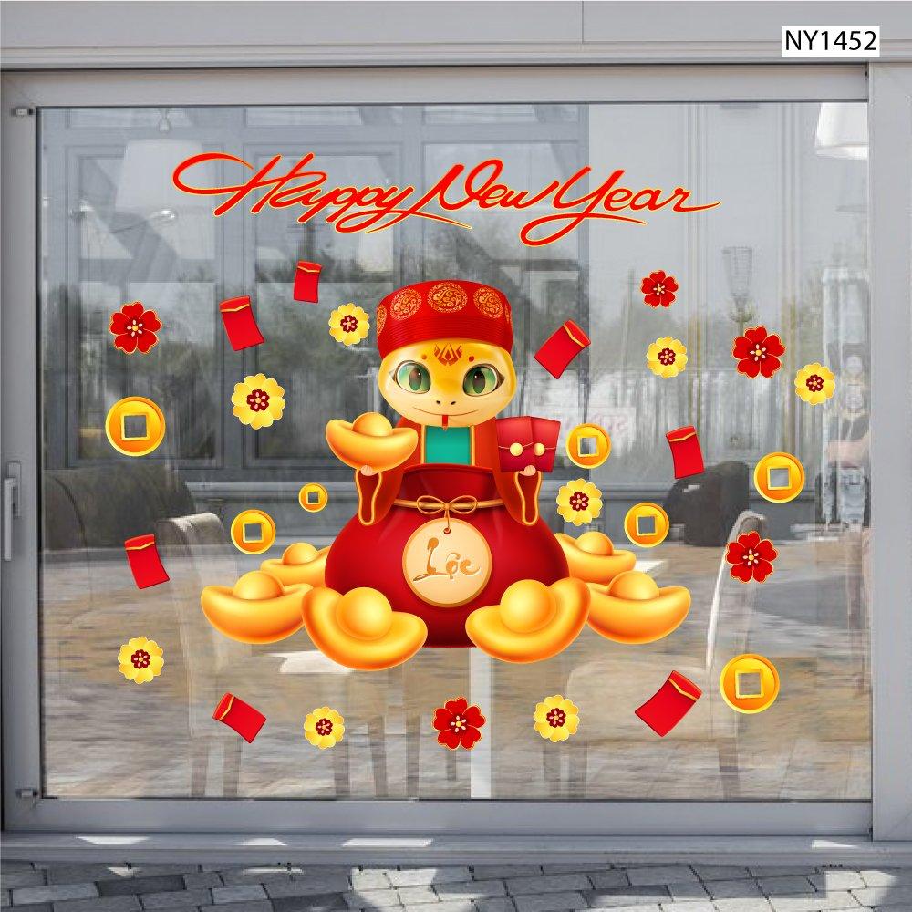 Decal trang trí tết happy new year 2025 thần tài lì xì đỏ tiền tài vạn phát