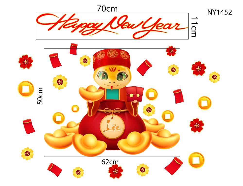 Decal trang trí tết happy new year 2025 thần tài lì xì đỏ tiền tài vạn phát