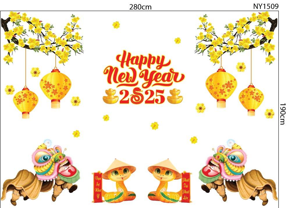 Combo Decal Trang Trí Tết Mèo Thần Tài Và Lân 2025