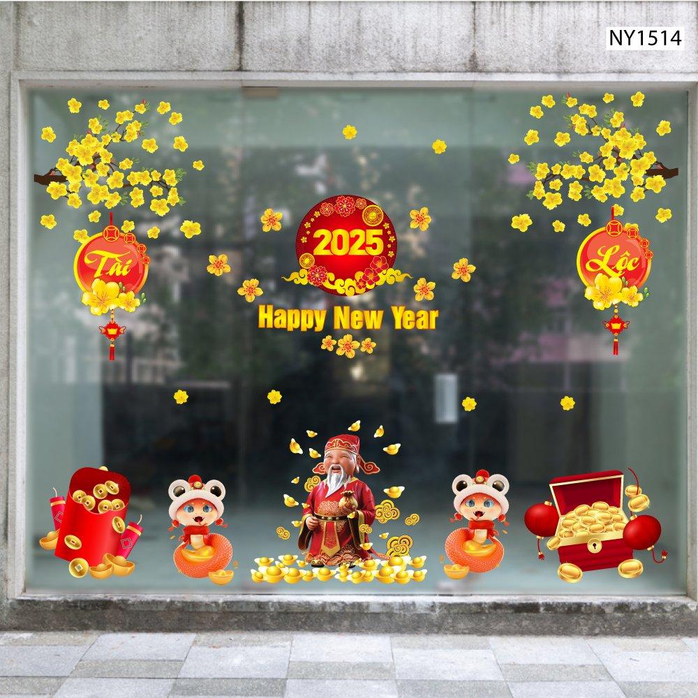 Combo Decal Trang Trí Tết Ất Tỵ Thần Tài Tặng Túi Vàng 2025