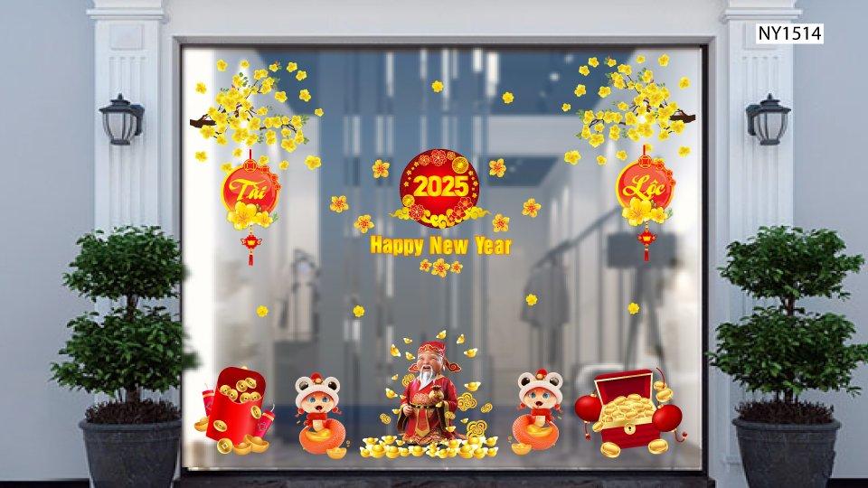 Combo Decal Trang Trí Tết Ất Tỵ Thần Tài Tặng Túi Vàng 2025