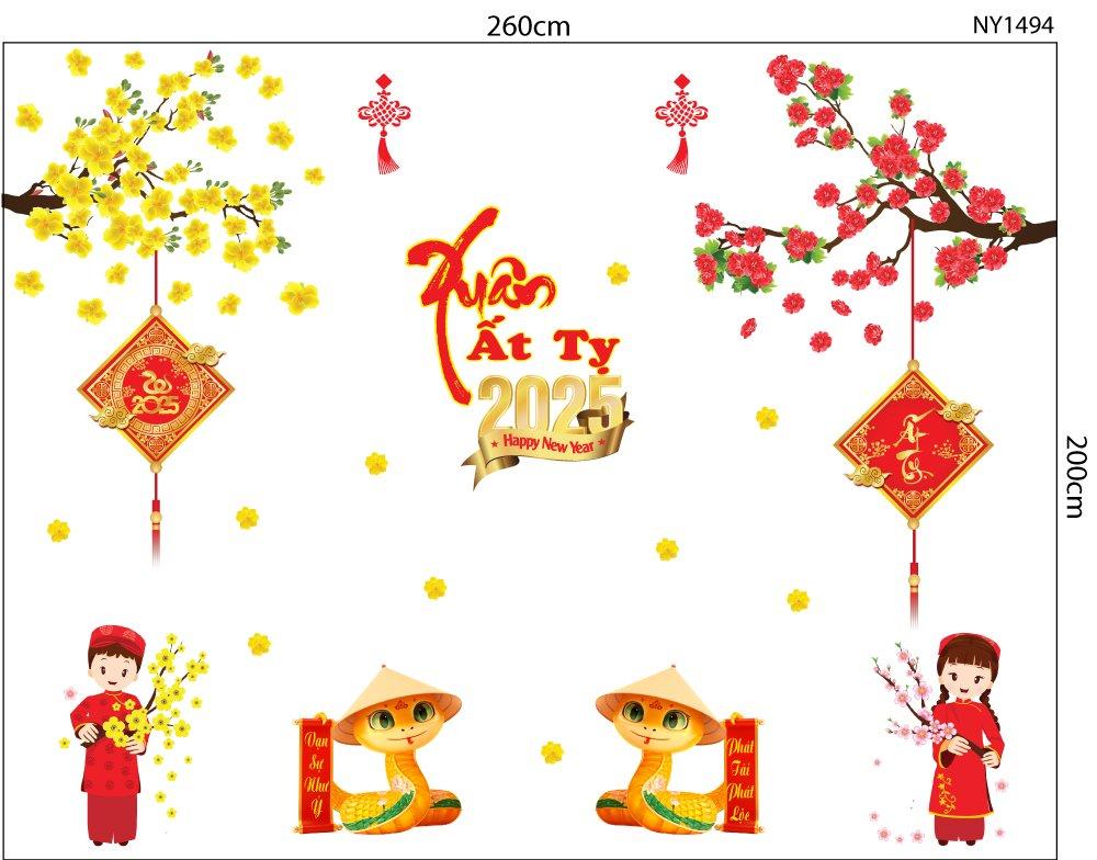 Combo Decal Trang Trí Tết Xuân Ất Tỵ Bé Đón Chào Năm Mới 2025