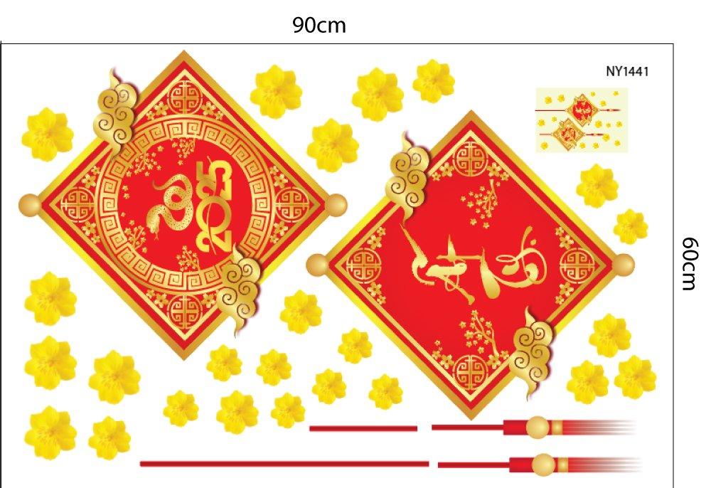 Combo Decal Trang Trí Tết Mừng Xuân Ất Tỵ 2025 Hoa Đào Nở Rộ Đón Xuân Sang