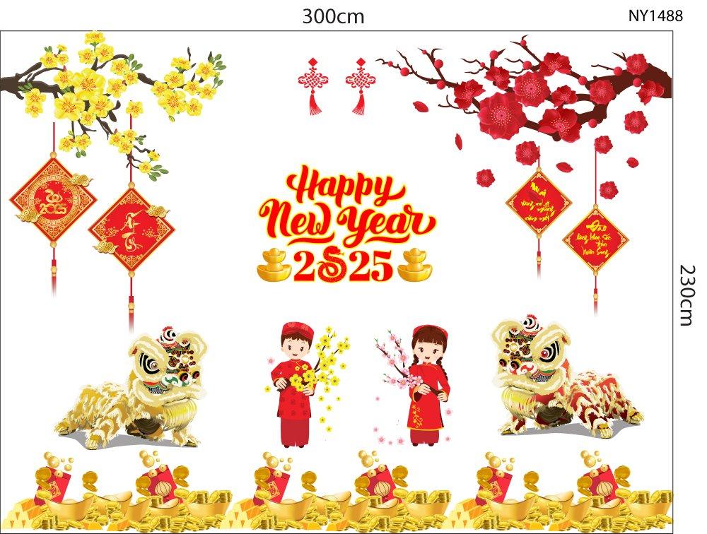 Combo Decal Trang Trí Cửa Kính Ngày Tết Bé Chúc Xuân Ất Tỵ 2025