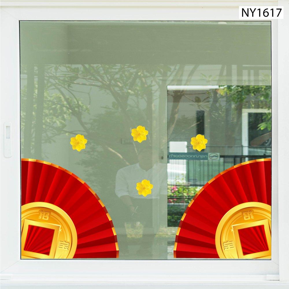 Decal Trang Trí Tết cánh quạt đỏ và đồng tiền vàng góc chân tường