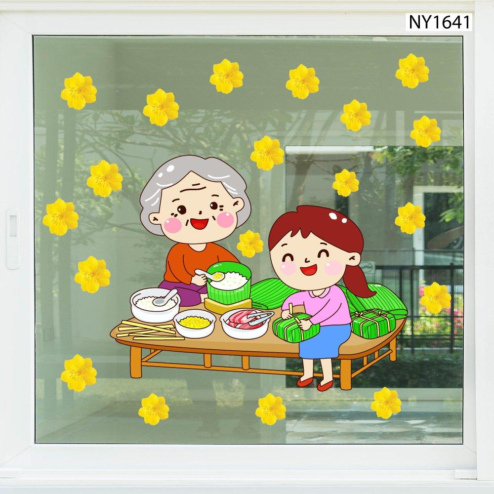 Decal Trang Trí Tết bà cháu gói bánh đón Xuân