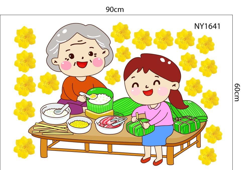 Decal Trang Trí Tết bà cháu gói bánh đón Xuân