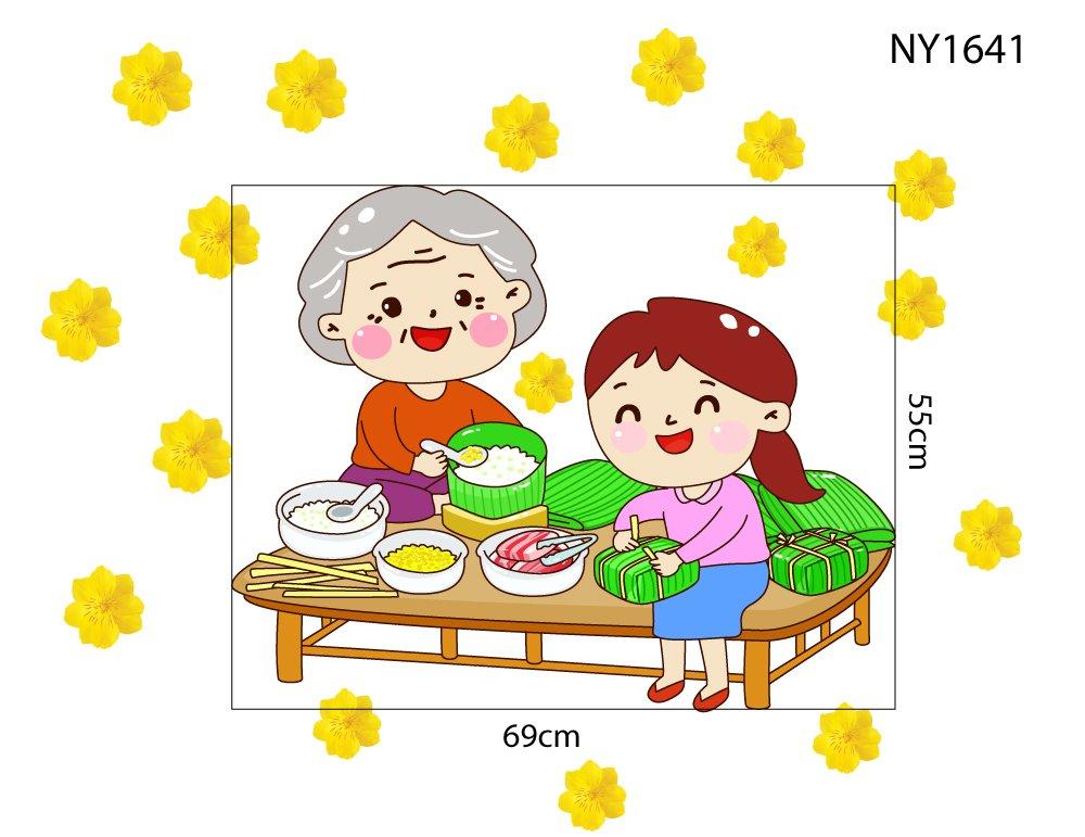 Decal Trang Trí Tết bà cháu gói bánh đón Xuân