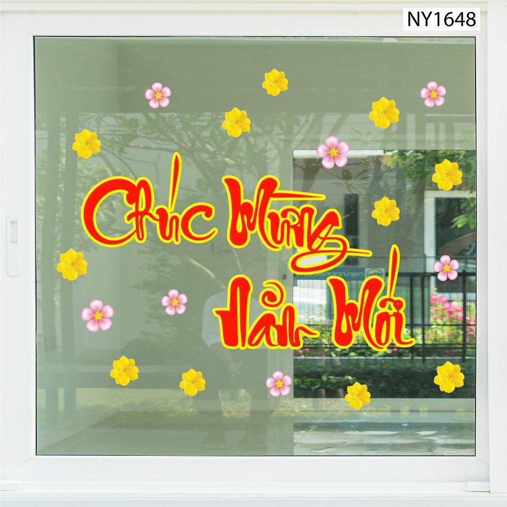 Decal Trang Trí Tết chúc mừng năm mới mai vàng đào hồng