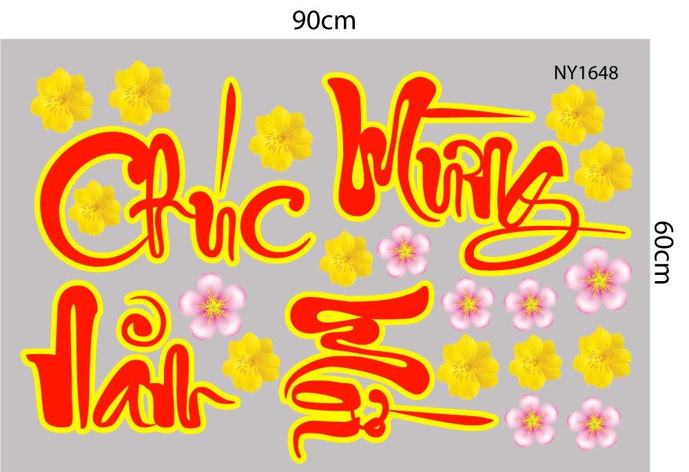 Decal Trang Trí Tết chúc mừng năm mới mai vàng đào hồng