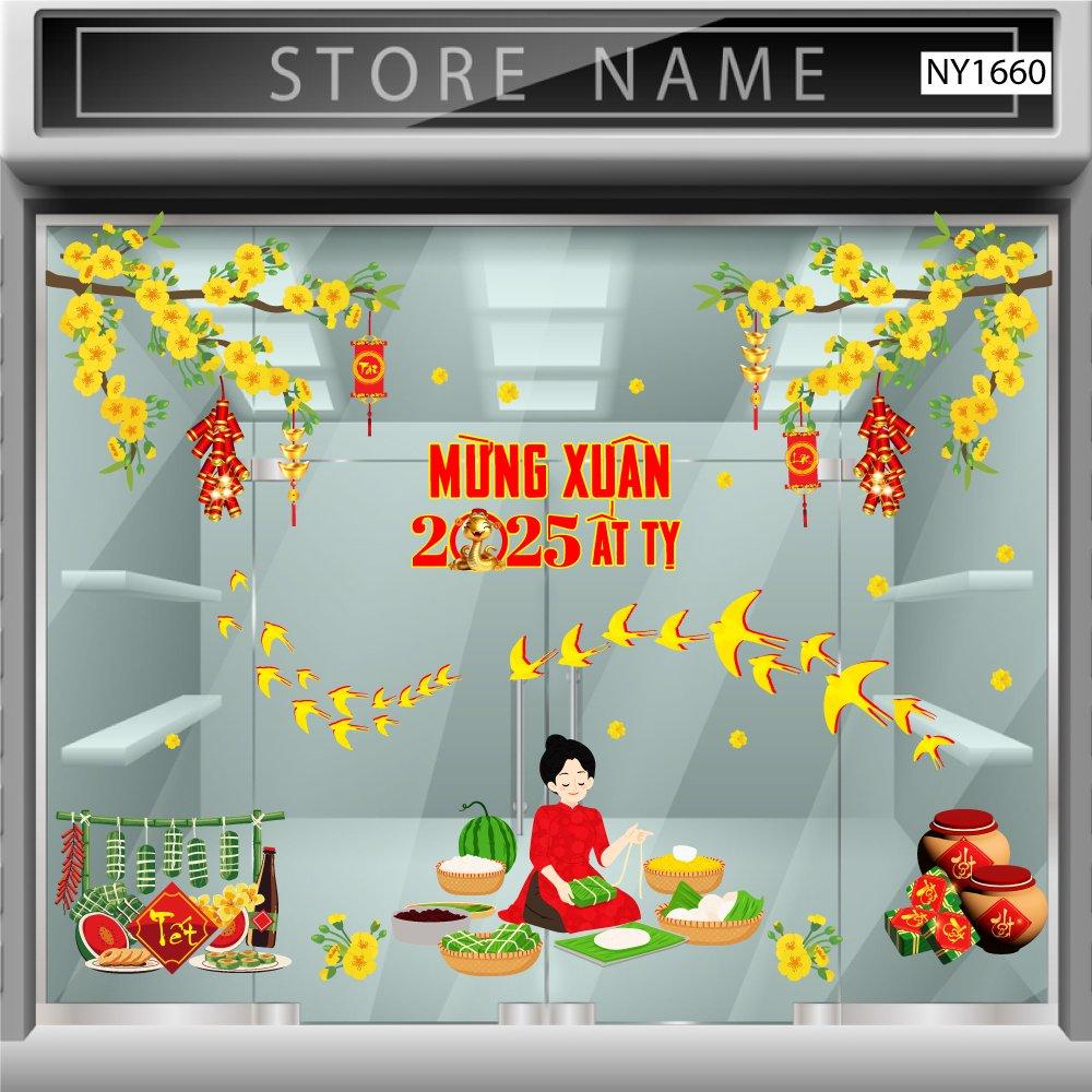 Combo Decal Trang Trí Tết Ất Tỵ mẹ nấu bánh chưng mừng Xuân mới