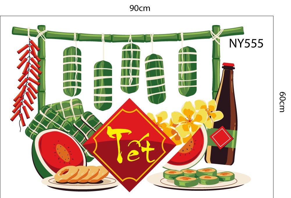 Combo Decal Trang Trí Tết Ất Tỵ mẹ nấu bánh chưng mừng Xuân mới
