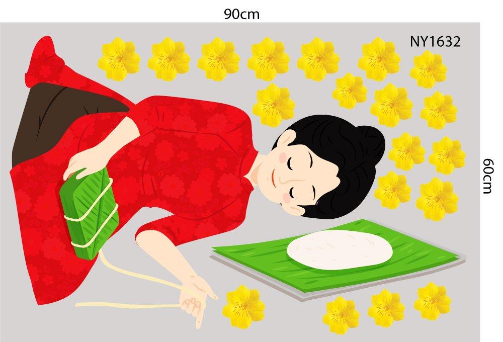 Combo Decal Trang Trí Tết Ất Tỵ mẹ nấu bánh chưng mừng Xuân mới