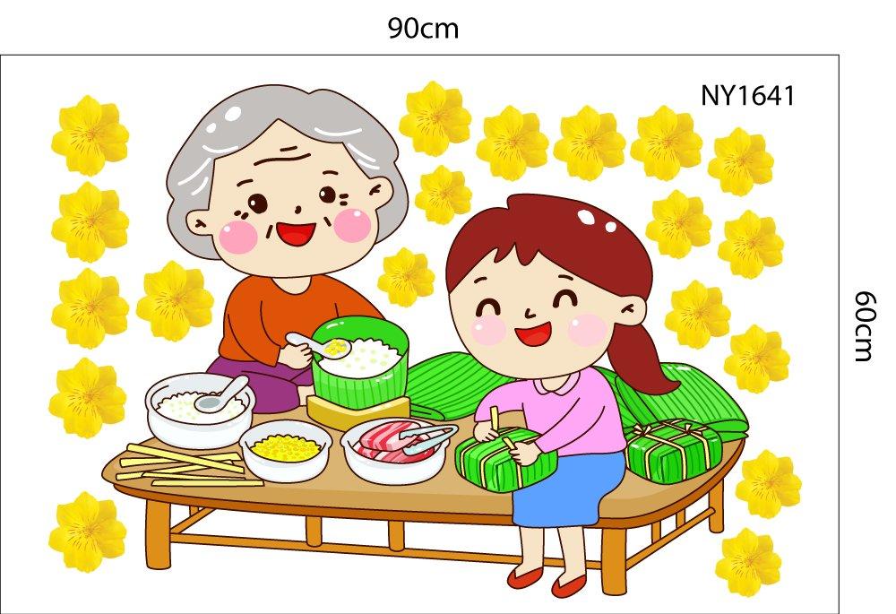 Combo Decal Trang Trí Tết Ất Tỵ ông bà và các cháu nấu bánh mừng xuân