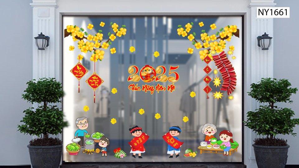 Combo Decal Trang Trí Tết Ất Tỵ ông bà và các cháu nấu bánh mừng xuân