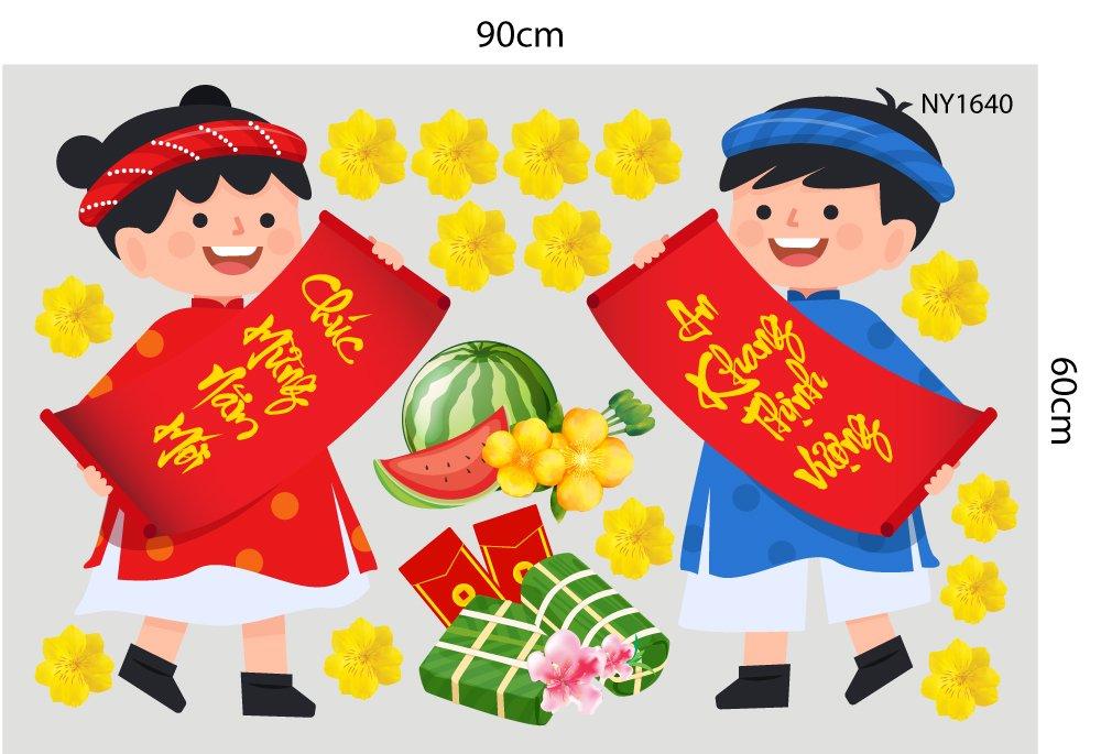Combo Decal Trang Trí Tết Ất Tỵ ông bà và các cháu nấu bánh mừng xuân