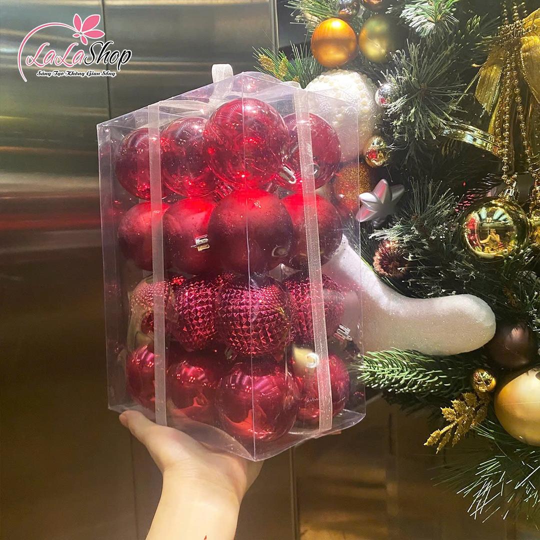 Hộp 24 quả châu đỏ 6cm họa tiết đủ loại trang trí noel
