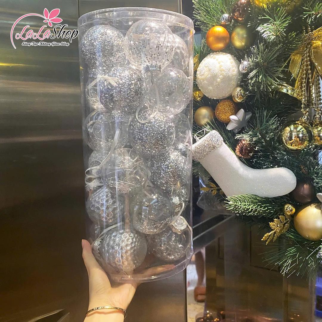 Hộp 24 Quả Châu Màu Bạc Lấp Lánh 8cm Trang Trí Noel